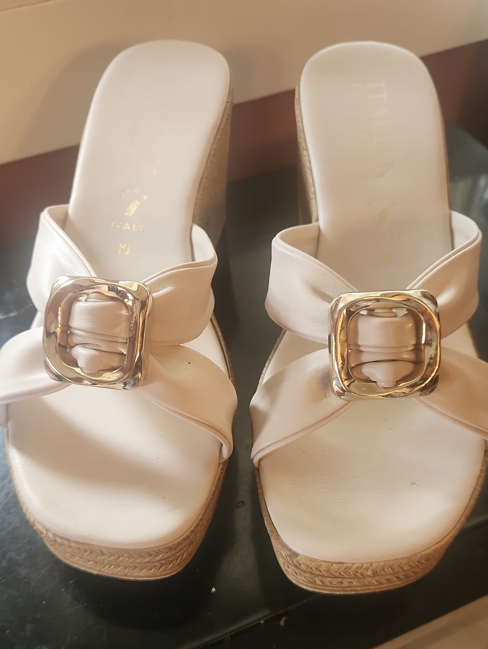 Italian Shoemakers Cream Platform Mules with Gold Buckles